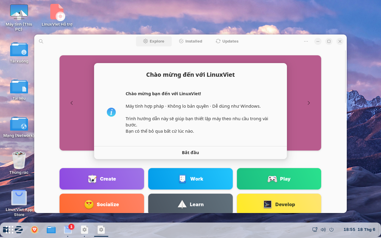 Màn hình LinuxViet OS — desktop, dock và shortcut